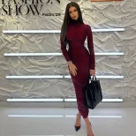 Vintage Red High Neck Long Sleeve Bodycon Maxi Dress for Women Elegant Fit Autumn Winter Style W