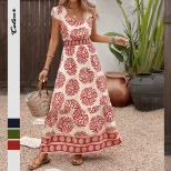 Vintage Inspired Geometric Floral Print Dress Summer Collection Waist Defined Elegant Style Whol