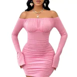 Pink Sexy Bodycon Dress Off Shoulder Long Sleeve Short Hem Spring Summer Fashion Wholesale Avail