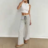 Womens Striped Print Wide Leg Trousers Comfortable Loose Fit Casual Style Ideal for Home and Lei