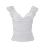 Spring Womens Slim Fit V Neck Crop Top Ruffle Hem Solid Color Sexy Style Versatile for Casual or