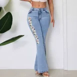 High Waisted Flared Jeans Embroidered Vintage Style Trendy Design Casual Wear for Women Ready to