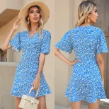 Floral Print Dress Blue Color Button Detail Summer Style Perfect for Casual Outings Wholesale Av