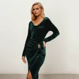 Green Velvet Long Sleeve Dress for Women Flared Neckline Waist Defining Side Slit Elegant Evenin
