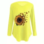 Womens Long Sleeve T Shirt V Neck Loose Fit Sunflower Print Summer Casual Wear Wholesale Availab