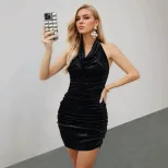 Velvet Bodycon Mini Dress Halter Neck Ruched Design Backless Chic Party Wear Wholesale Available