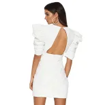 French Vintage Style White Deep V High Waist Backless Dress with Puff Sleeves Elegant Office Wea