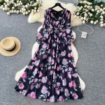 Elegant Womens Floral Chiffon Dress Slim Fit Waist Design Long Sleeve for Spring and Summer