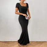 Elegant Square Neck Mermaid Maxi Dress for Women Summer Collection Slim Fit European and America