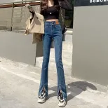 速卖通牛仔裤女2023秋冬新款韩版时尚高腰显瘦垂感微喇开叉阔腿裤