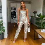 Womens Street Style Silver Foil Wide Leg Trousers Casual Loose Fit Versatile Design Perfect for