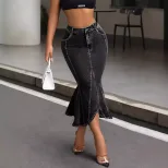 Irregular Hem Bodycon Denim Skirt Womens Fishtail Design Stretch Fabric Casual Chic Wholesale Av