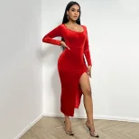 Elegant Velvet Long Sleeve Dress Slim Fit Solid Color Split Design Autumn Winter Fashion for Par