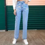 Womens Embroidered Straight Leg Denim Trousers Loose Fit Versatile Style Fashionable Design Casu