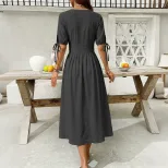 Summer Casual V Neck Short Sleeve Dress Solid Color Beach Vacation Style Wholesale Available OEM