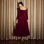 Wine Red Velvet Long Sleeve Square Neck A Line Dress Vintage Style Spring Summer Occasion Wholes