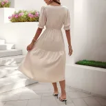 Casual Puff Sleeve V Neck Dress Simple Design Wrinkled Fabric Solid Color Perfect for Office Wea
