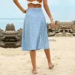 High Waisted Floral Split Skirt Summer Style Blue Color Comfortable Fabric Perfect for Casual Ou