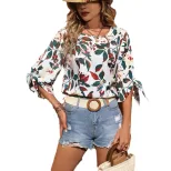 Casual Leaf Print Top Bow Tie Detail Mid Sleeve Stylish Design Perfect for Spring Summer Ready t