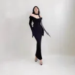 Elegant Long Sleeve Bodycon Dress Off Shoulder Design Fringe Detail High Waist Flared Sleeves Pe
