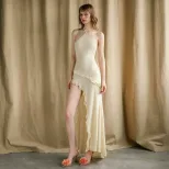 Summer Womens Dress Sexy Halter Neck Ruffled Trim Side Slit Design Perfect for Parties and Casua
