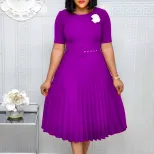Plus Size Womens Summer Dress Belted Pleated Round Neck Mid Length Casual or Formal Occasions Wh