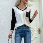 Loose Fit Womens Long Sleeve T Shirt Color Block Design V Neck Comfortable Fabric Casual Wear Wh