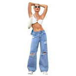 High Waisted Ripped Denim Straight Leg Pants Fashionable Distressed Water Washed Autumn Wear Who