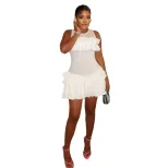 Womens Casual Solid Color Dress Sexy Round Neck Pleated Hem Flared Skirt Fashionable for Parties