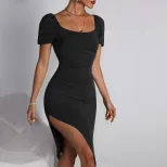 Sexy Ruched Bodycon Knit Dress Square Neck Short Sleeve Side Slit Spring Summer Fashion Wholesal