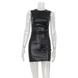 PU Leather Bodycon Mini Dress Solid Color Sleeveless Slim Fit Spring Summer Fashion for Parties