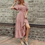 Elegant Summer V Neck Ruffled Hem Dress Slim Fit Solid Color Versatile Style Perfect for Casual