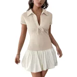 Retro Color Block Collared Mini Dress for Young Women Textured Fabric Spring Summer