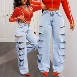 Wide Leg Denim Jeans Fashionable Loose Fit Hollow Out Design Versatile Style Casual Wear for Wom
