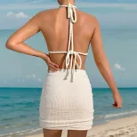 Backless Knitted Bodycon Dress Deep V Neckline Slim Fit Summer Beach Vacation Style