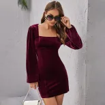 Velvet A Line Dress for Women Long Sleeve Square Neck Backless Slim Fit Short Length Perfect for