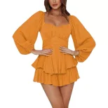 Womens Ruffled Jumpsuit Lantern Long Sleeves Square Neck Waist Cinching Chic Style Summer Casual
