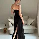 Elegant Long Split Dress French Style Mesh Splicing Slim Fit Sleeveless Perfect for Evening Even