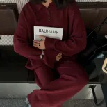 Womens Autumn Winter Solid Color Polo Neck Sweater Set Loose Fit Knit Sweater and Wide Leg Pants
