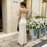 French Style Polka Dot Slip Dress Sleeveless Bodycon Fit Elegant Neckline Summer Vacation Wear W