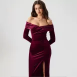 Velvet Bodycon Midi Dress for Women Cross V Neck Off Shoulder Side Slit Elegant Evening Wear Who