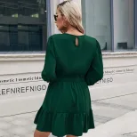 Elegant Round Neck Long Sleeve Dress Summer Style Mid Waist Solid Color Perfect for Casual Outin