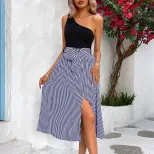 One Shoulder Striped Color Block Dress for Women Summer Fashion Available in Red White Blue Wholesale Sizes S to XL