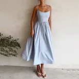 Elegant Womens Midi Dress Slim Fit Low Cut Spaghetti Straps Flared Skirt Office Wear or Evening