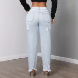 Womens Mid Rise Fashionable Ripped Denim Jeans Casual Style Comfortable Fit Versatile Wear Whole