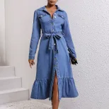 Vintage Denim Long Sleeve Dress for Women Slim Fit Waist Defining Casual Style Perfect for Sprin