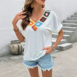 Casual Vacation Top V Neck Colorful Crochet Patchwork Ethnic Style Womens Fashion Wholesale Avai