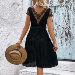 Summer Elegant Lace Pleated Dress Sweet Design Solid Color European and American Style Perfect f