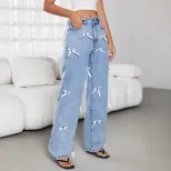 Fashion Womens Wide Leg Denim Trousers Bow Tie Detail All Seasons Trendy Style Wholesale Availab