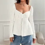 Elegant Womens Long Sleeve Top Solid Color U Neck Lace Trim Tie Detail Winter Fashion Wholesale